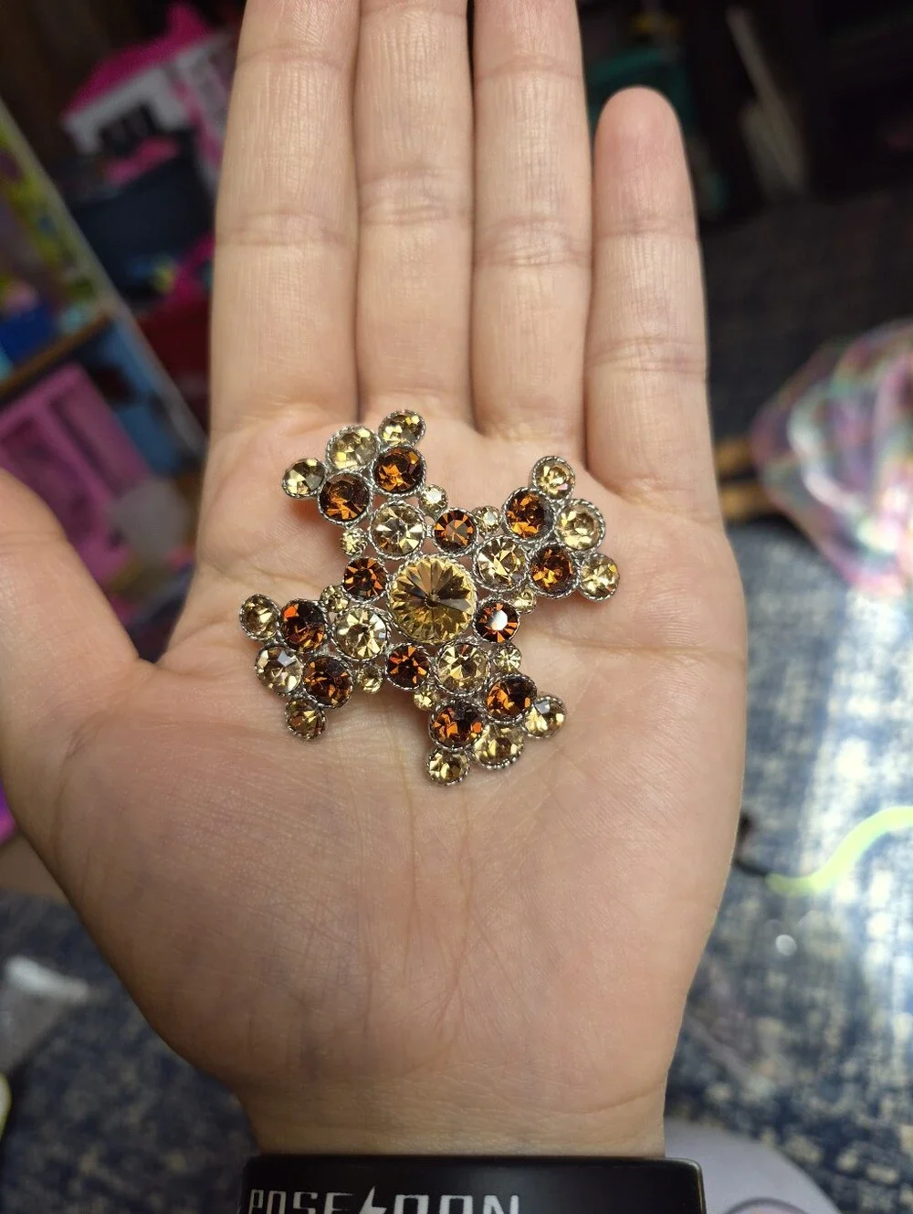 Gold and Amber Crystal Brooch - Elegant Floral Pin